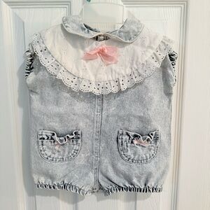 Vintage Hopscotch Baby Girl’s Acid Wash Denim Romper Lace Collar Pink Bow